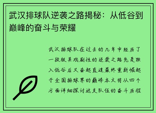 武汉排球队逆袭之路揭秘：从低谷到巅峰的奋斗与荣耀