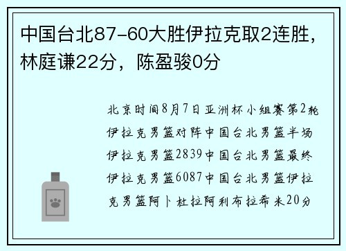中国台北87-60大胜伊拉克取2连胜，林庭谦22分，陈盈骏0分